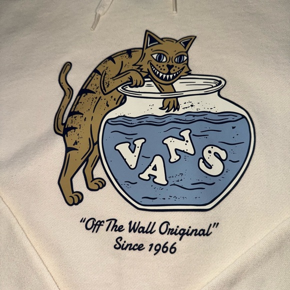 NWOT Vans Off The Wall Cream Pullover Hoodie with Cat and Fishbowl Design Size M - Picture 2 of 7